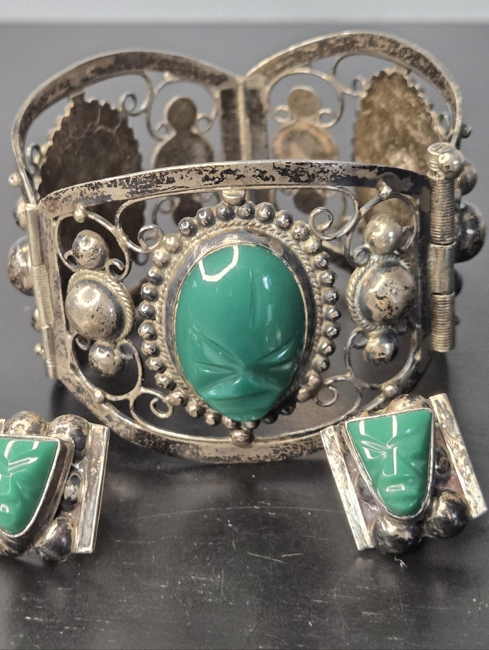 Vintage Sterling Silver 925 Panel Bracelet Green Onyx Aztec Mask Stones+Earrings